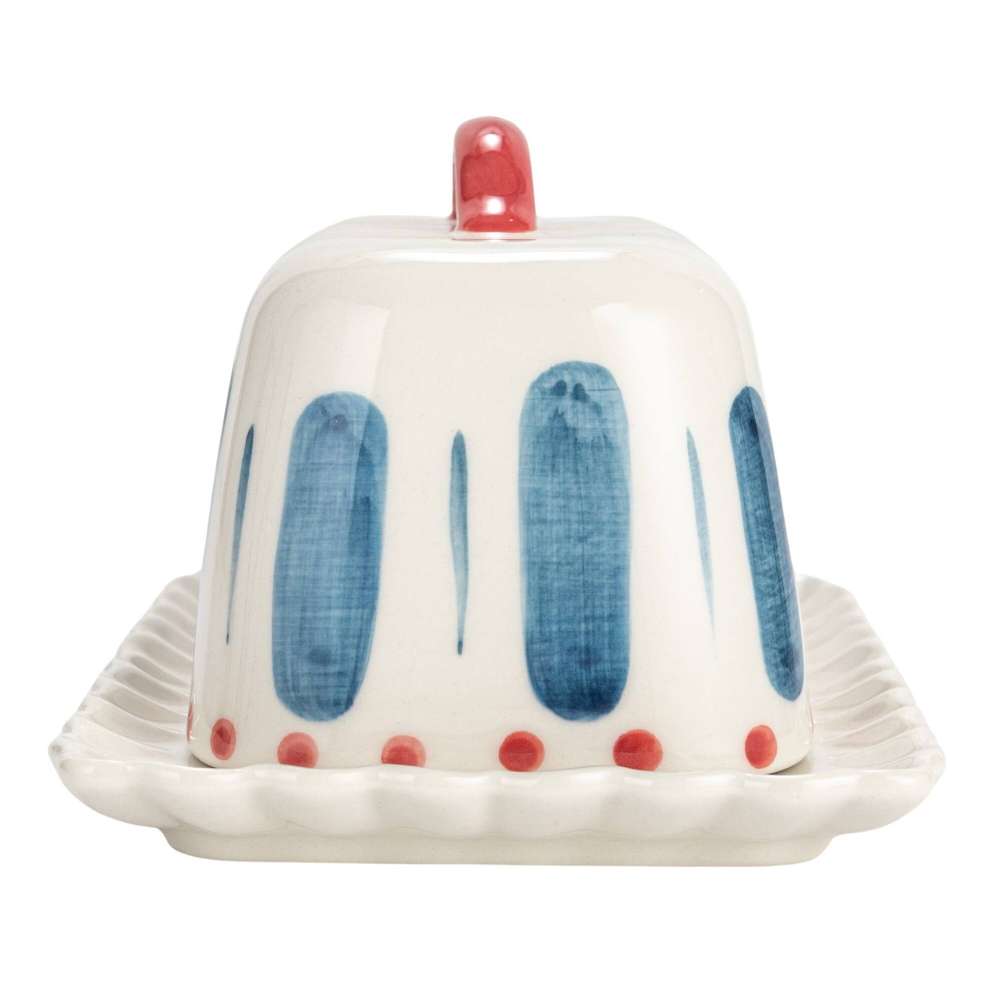 Hello Honey® 6.75" White, Red & Blue Hand-Painted Stoneware Butter Dish